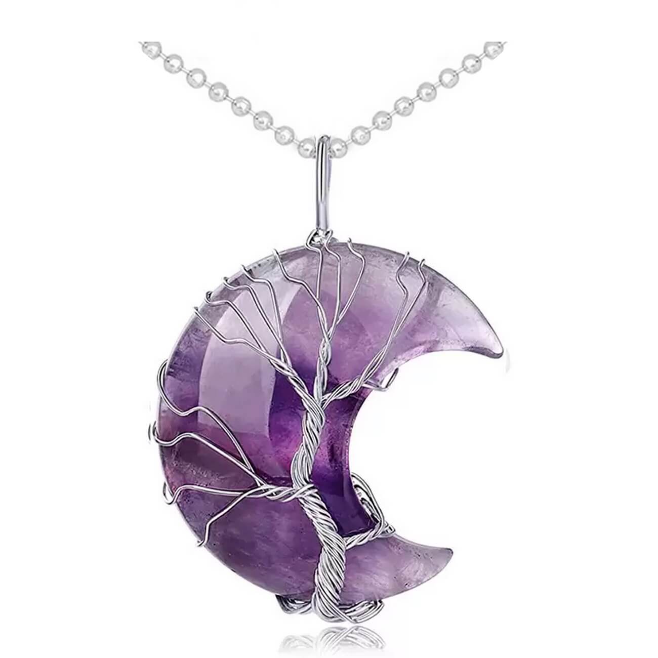 Collar Cuarzo Luna Arbol De La Vida Cuarzo Amatista + Estuche