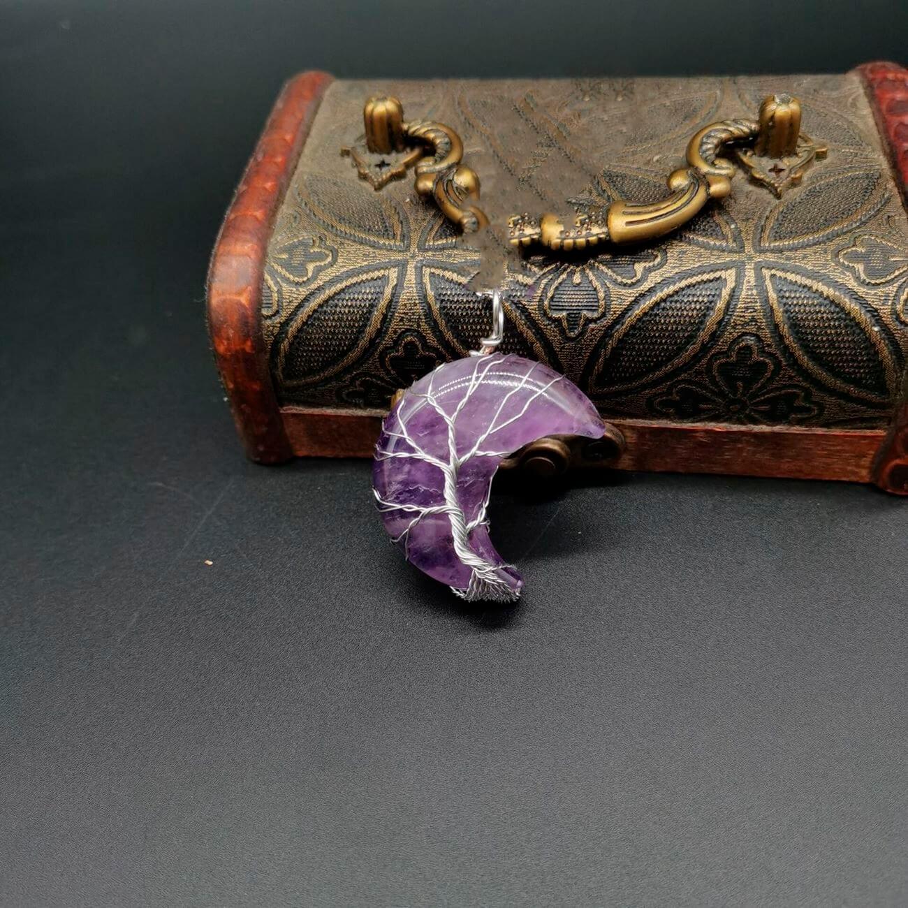 Collar Cuarzo Luna Arbol De La Vida Cuarzo Amatista + Estuche