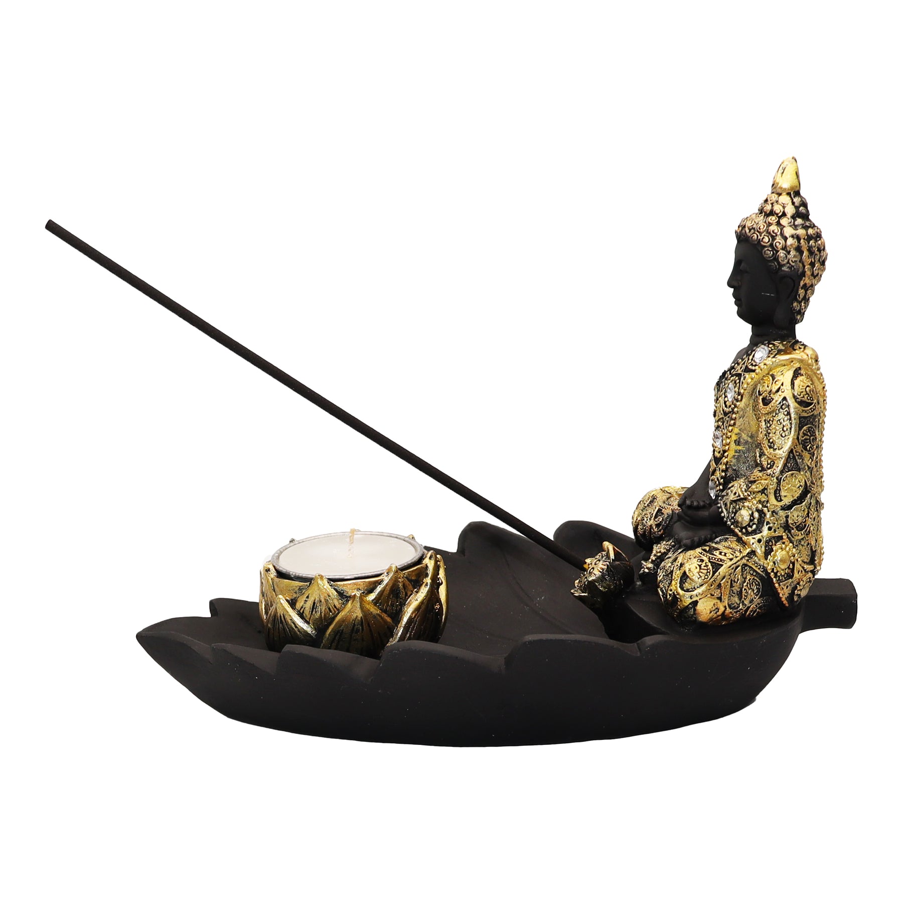 Buda En Hoja Porta Incienso Vela Dorado