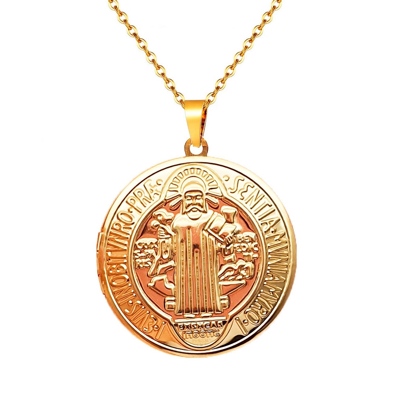 Collar Medalla San Benito Relicario Acero Unisex + Estuche