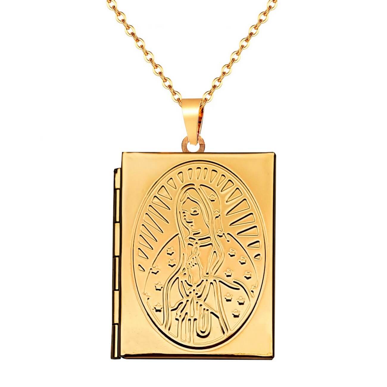 Collar Virgen Libro Relicario Acero Inoxidable+ Estuche