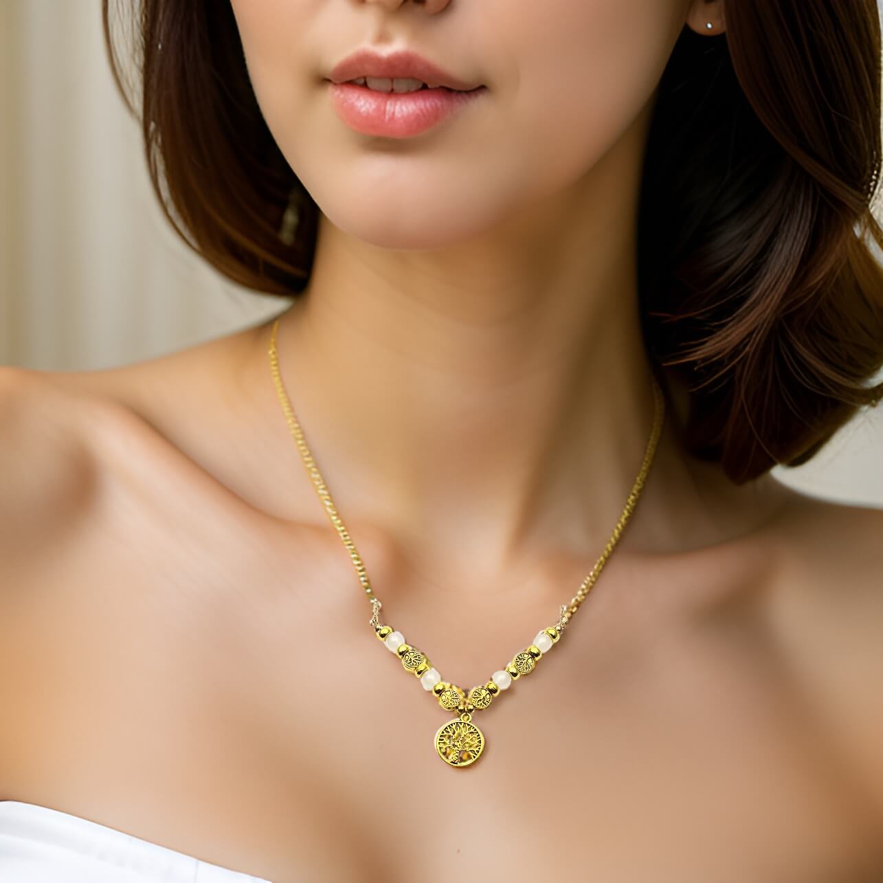 Collar Pulsera Y Aretes Arbol Dorado