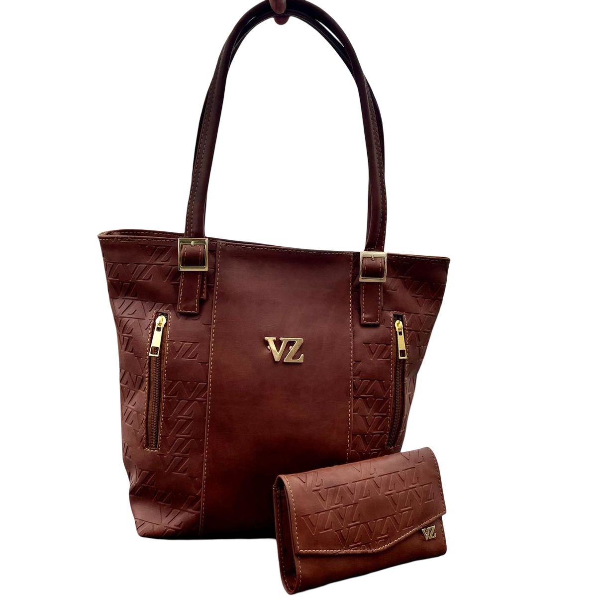 Duo para Dama – Bolso de Mano y Billetera Velez en Cuero - Marron