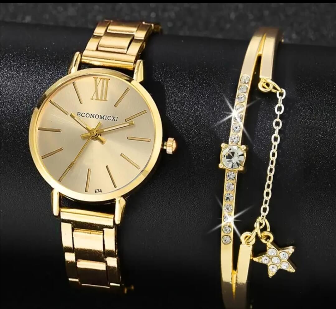 Set Esmeralda Dorada: Reloj + Pulsera - Envio Gratis +Pago Contra Entrega