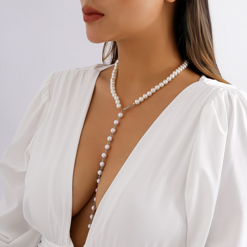 Collar Escote Perlas Blancas Dorado De Lujo