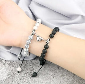 Pulsera Pareja Cuarzo Blanco-Volcanica Iman Corazon
