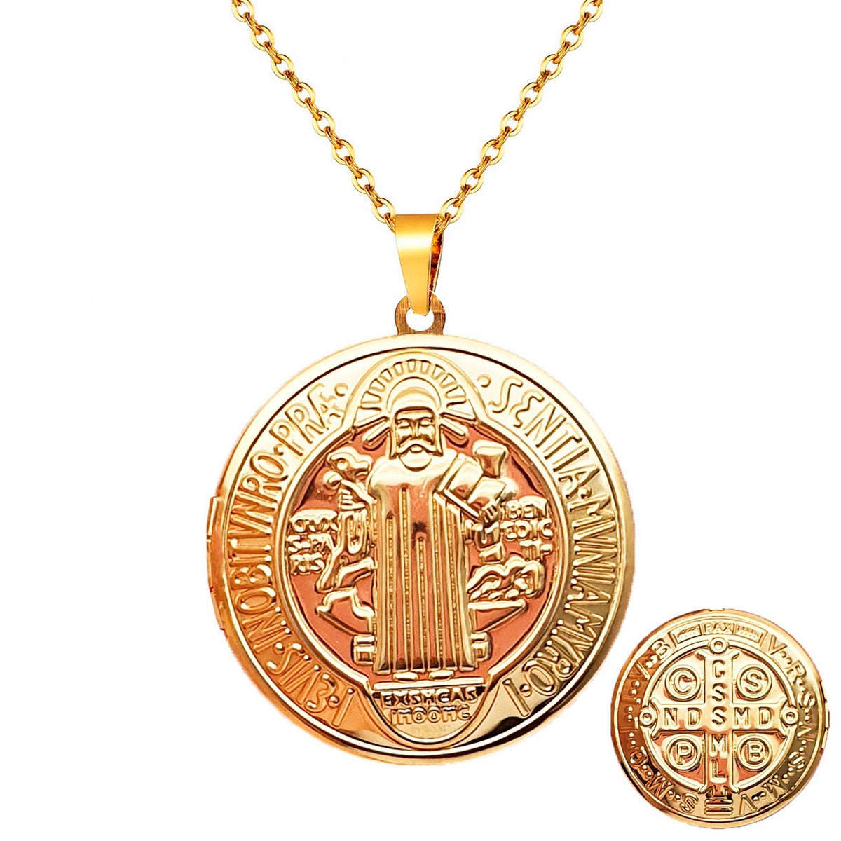 Collar Medalla San Benito Relicario Acero Unisex + Estuche