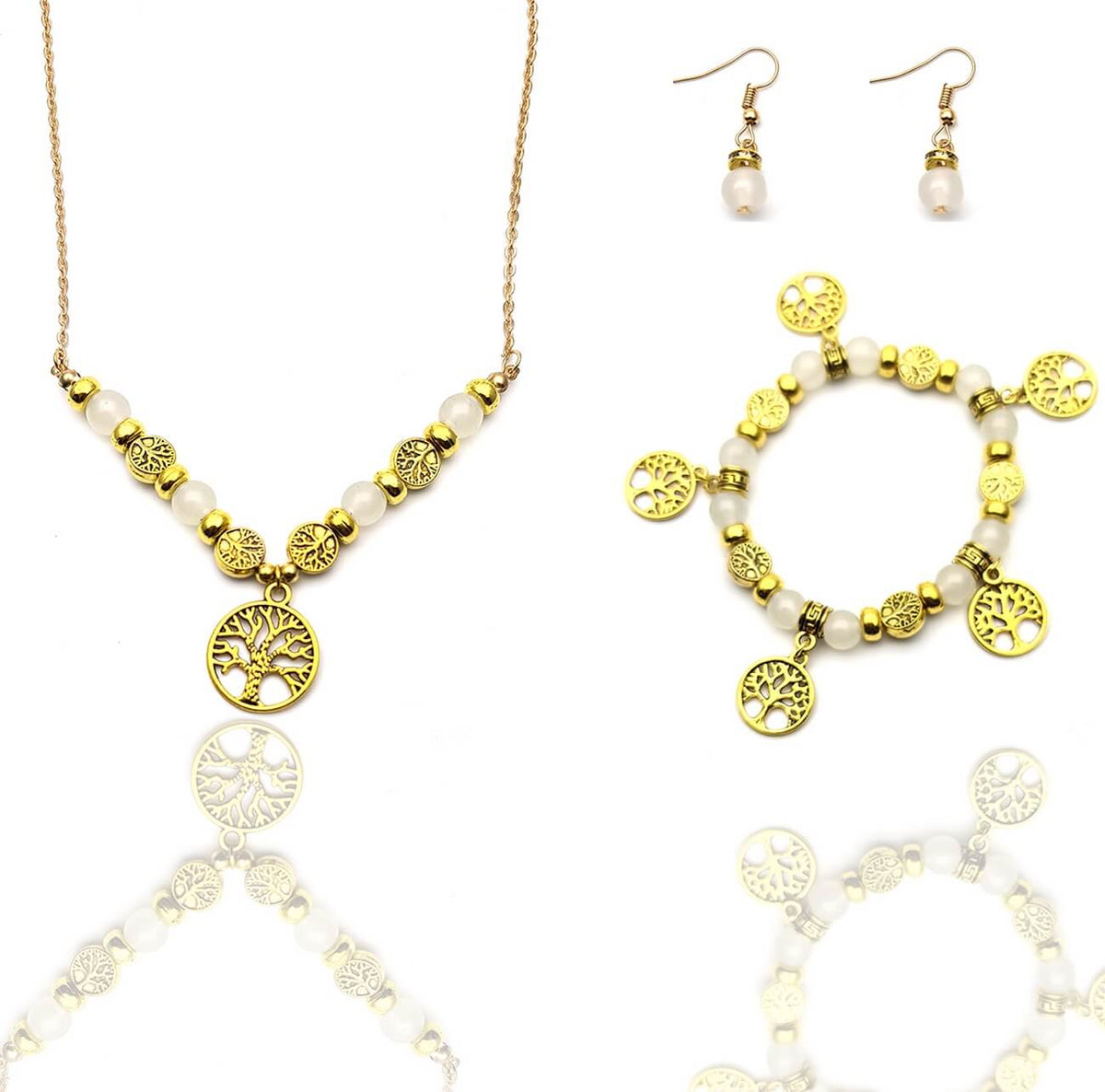 Collar Pulsera Y Aretes Arbol Dorado