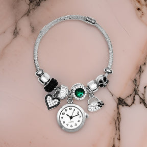 Reloj Mujer Dama Pulsera Acero Dije Corazon Negro + Estuche