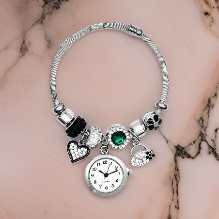 Reloj Mujer Dama Pulsera Acero Dije Corazon Negro + Estuche