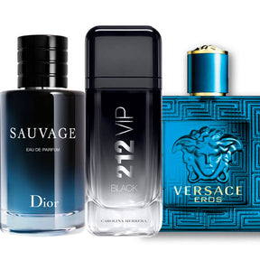 Kit 3 Perfumes (212 VIP BLACK+VERSACE EROS+SAUVAGE)