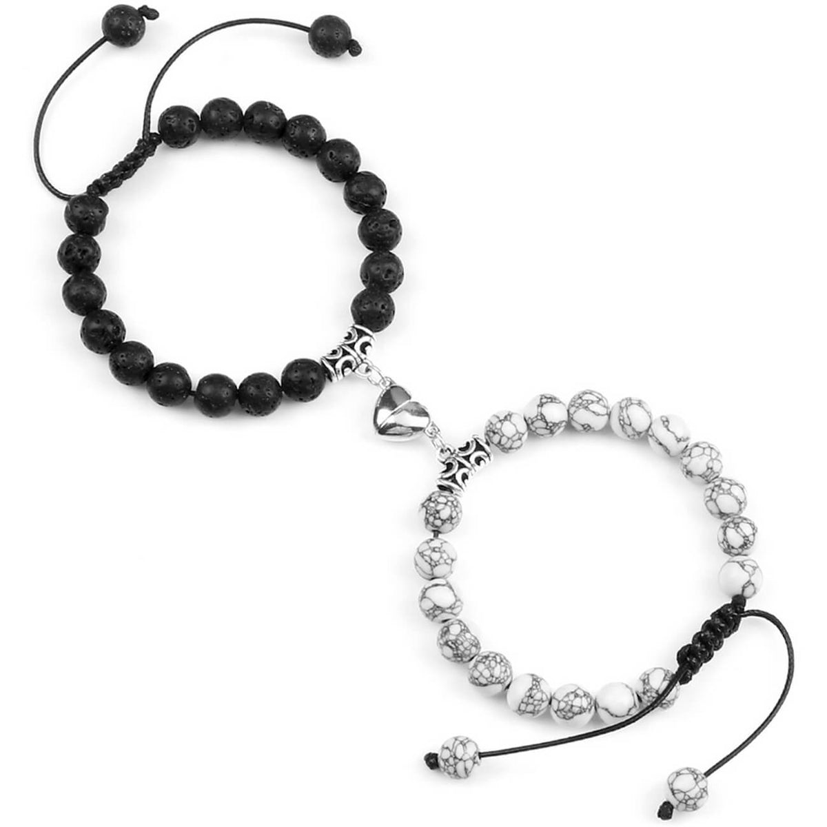 Pulsera Pareja Cuarzo Blanco-Volcanica Iman Corazon